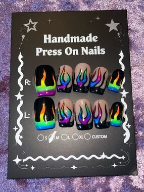 Handmade Press On Nails - Rainbow Flame Design